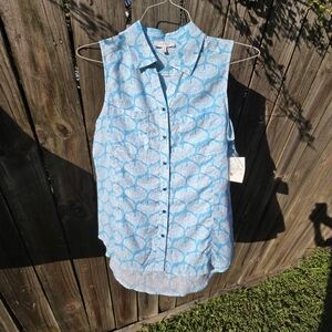 Coral Bay Linen Sleeveless Button Front Shirt Turquoise & White M